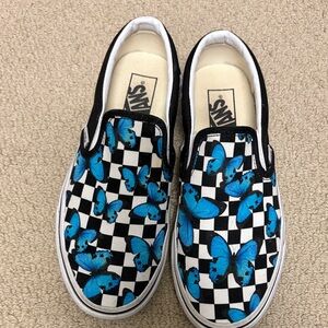 Vans Black and White Checkered Shoes with Blue Butterflies